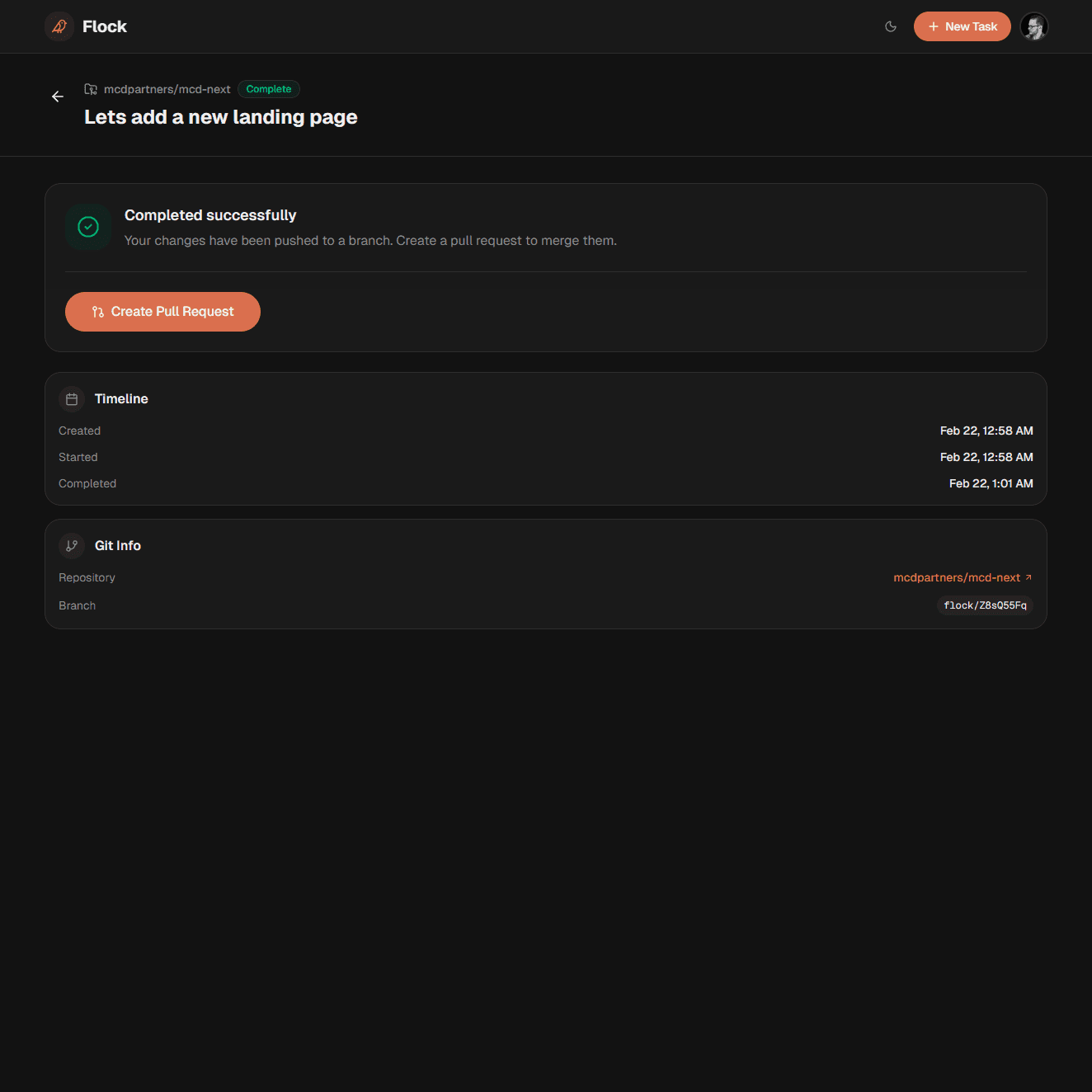 Designers and Producers can request review while developers can directly create pull request from Flock