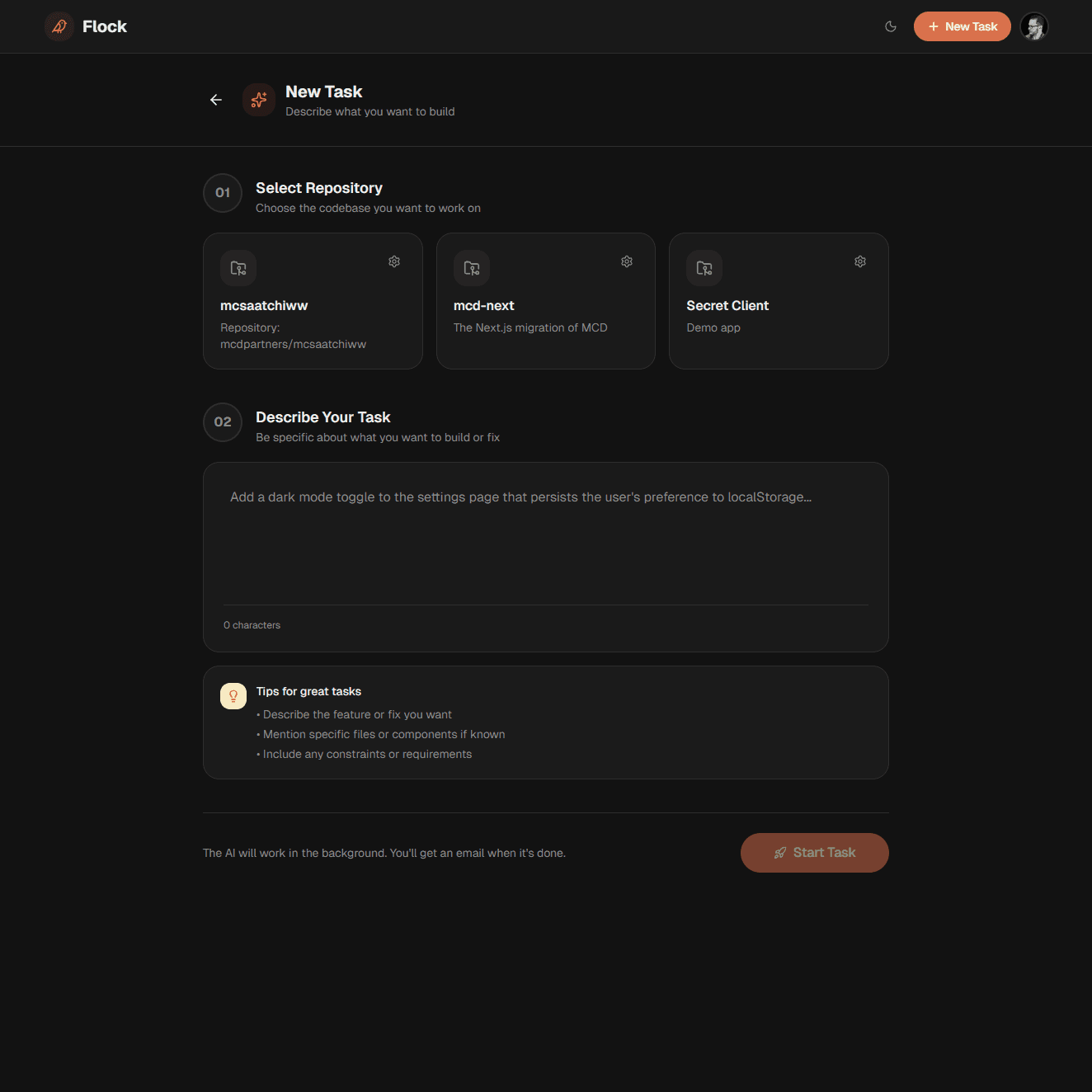 Choose your project repo and describe your AI task to spin up your environment