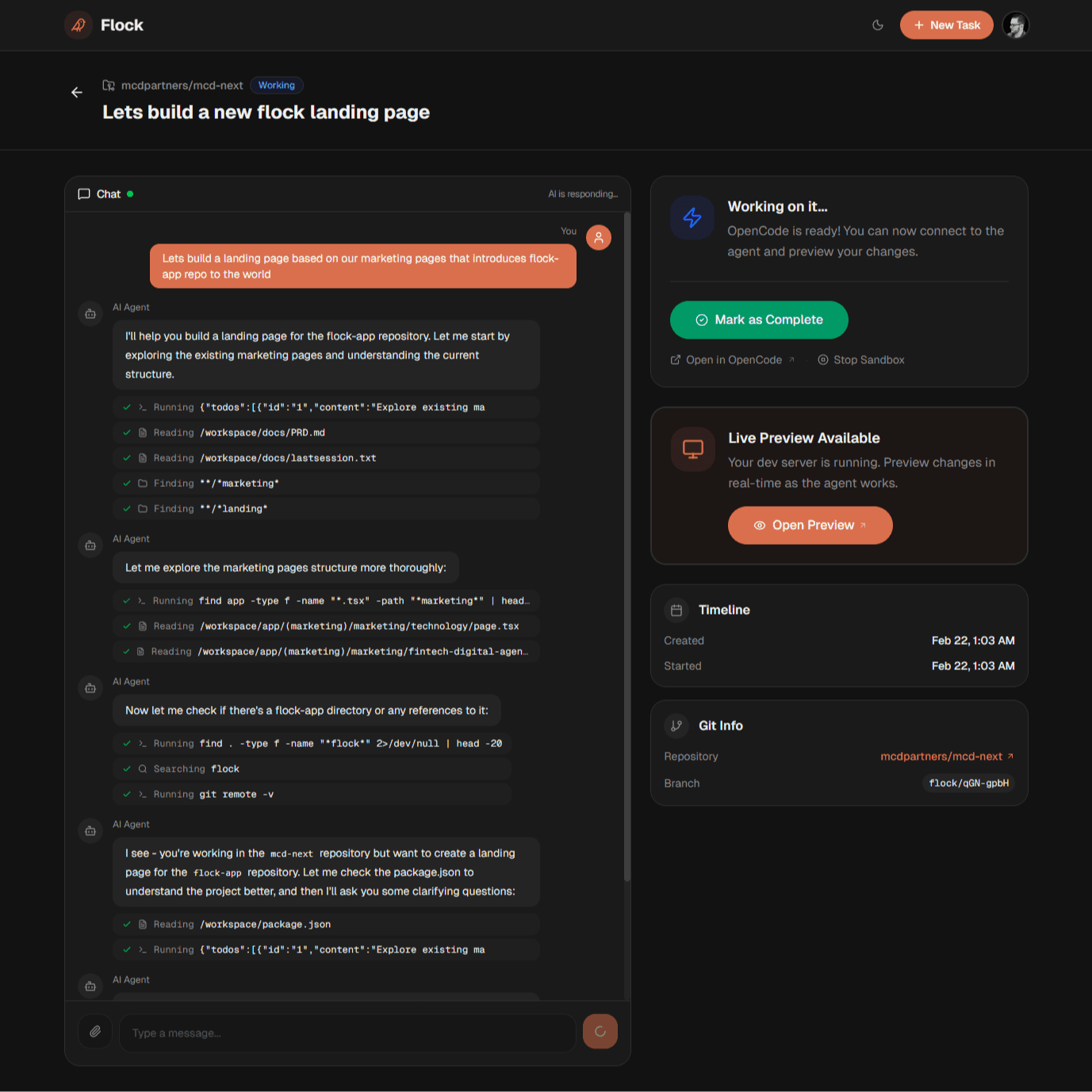 Live preview a secure version of your application while the AI works, connect directly to your dev work space, and commit back to your repo